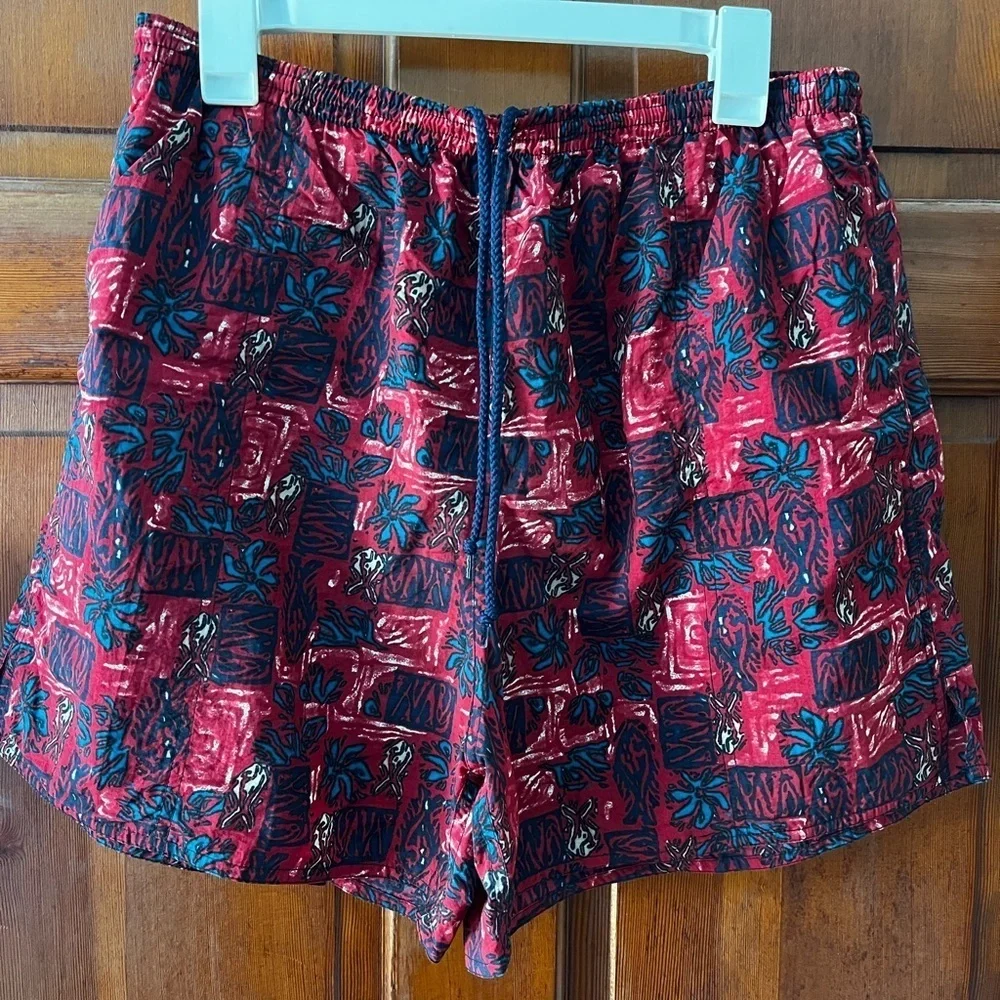 Vintage Newpork Blue Nylon Swim Shorts XL – Red & Teal Abstract Print Mesh Lined